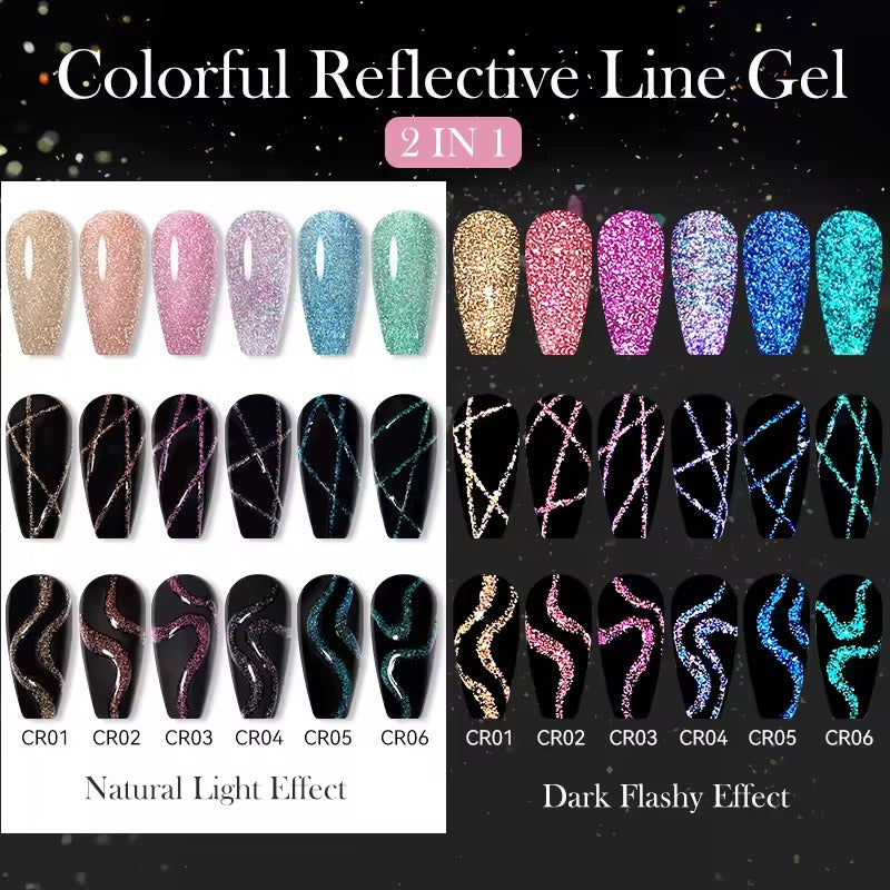 LILYCUTE 6Pcs Colorful Reflective Glitter Nail Art Liner Gel Nail Kit Sparkling Painting Gel Nail Polish Semi Permanent UV Gel