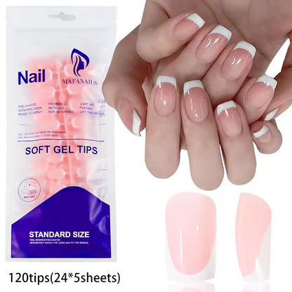 120pcs Pink French Tip Press-On Nails Medium Length Square Shape With Glossy Finish False Nails Full Cover Pre-Shaped Fake Nails