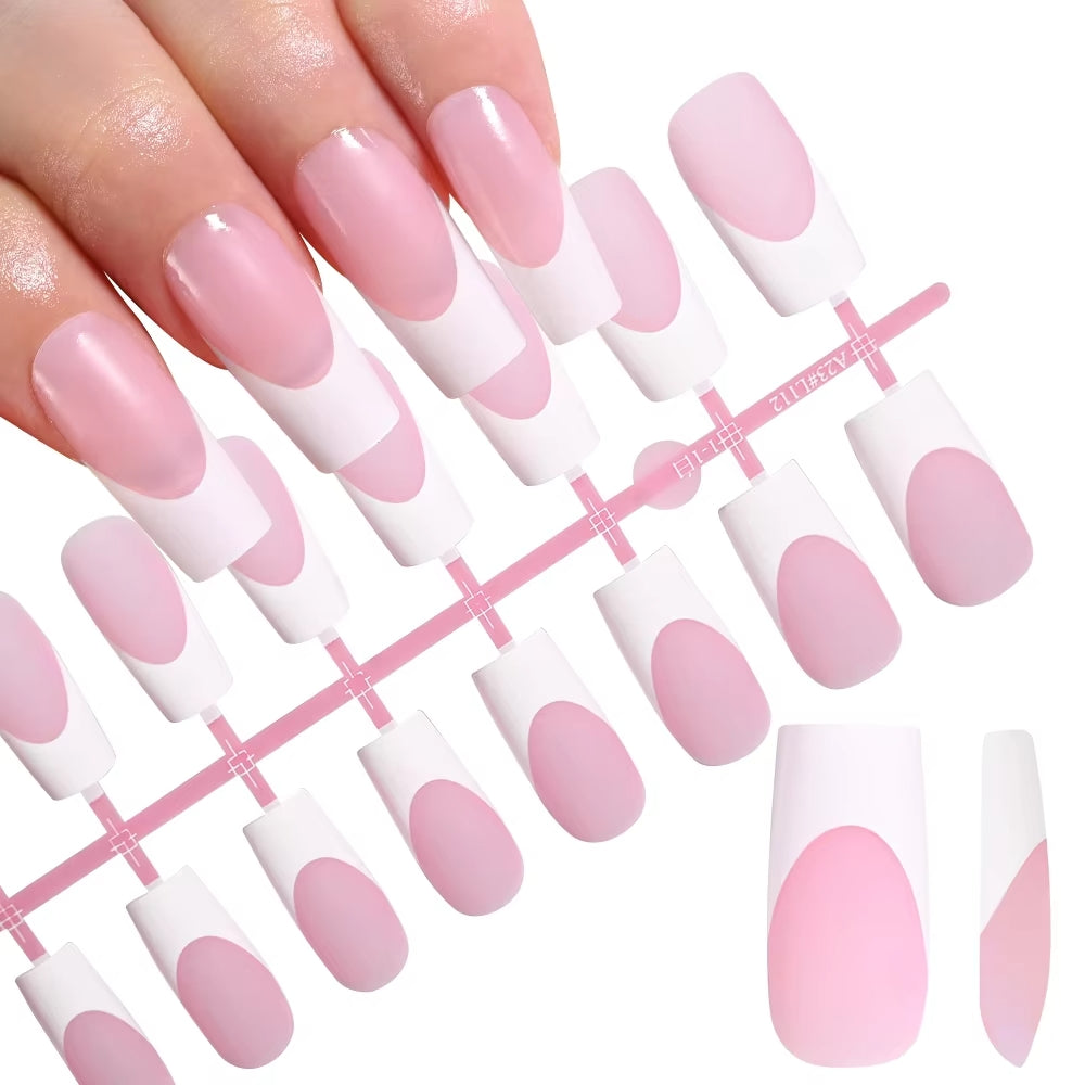 120pcs Pink French Tip Press-On Nails Medium Length Square Shape With Glossy Finish False Nails Full Cover Pre-Shaped Fake Nails