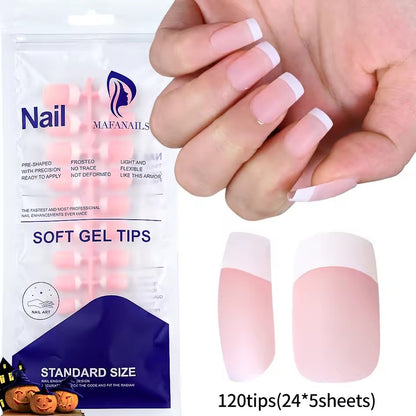 120pcs Pink French Tip Press-On Nails Medium Length Square Shape With Glossy Finish False Nails Full Cover Pre-Shaped Fake Nails