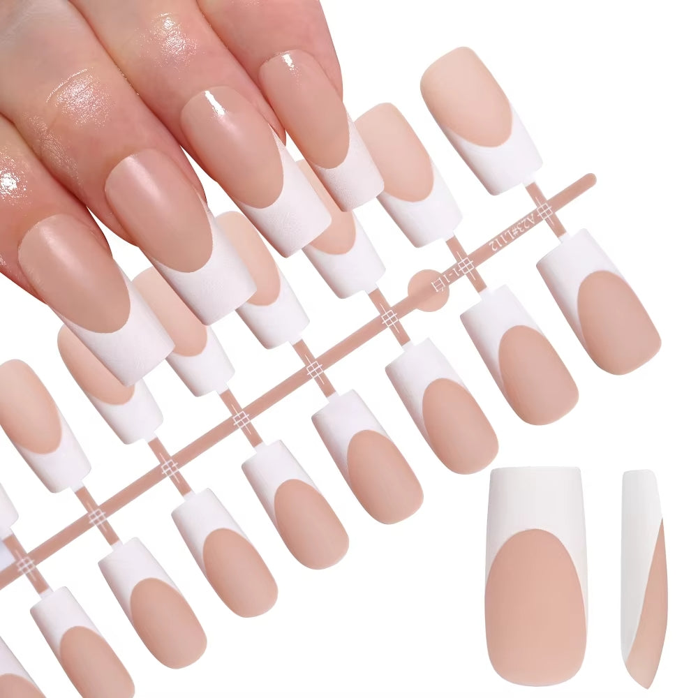 120pcs Pink French Tip Press-On Nails Medium Length Square Shape With Glossy Finish False Nails Full Cover Pre-Shaped Fake Nails