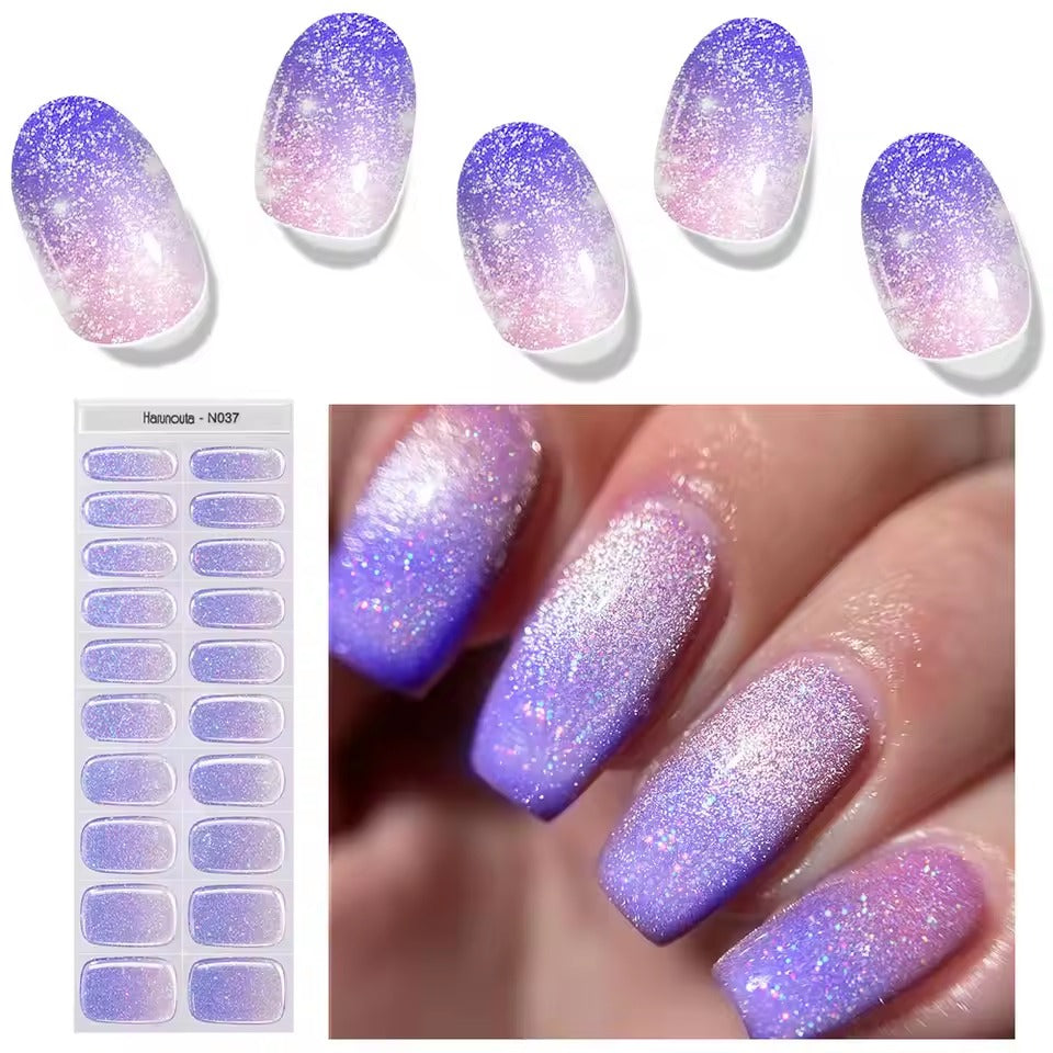 Harunouta Semi Cured Gel Nail Stickers Sparkly Shinning Gel UV Nail Sticker Long-Lasting Solid Nail Wrap Manicure Decoration DIY