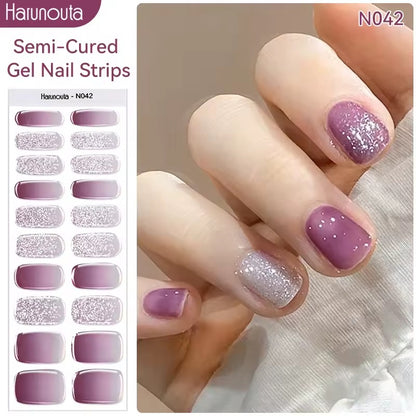 Harunouta Semi Cured Gel Nail Stickers Sparkly Shinning Gel UV Nail Sticker Long-Lasting Solid Nail Wrap Manicure Decoration DIY