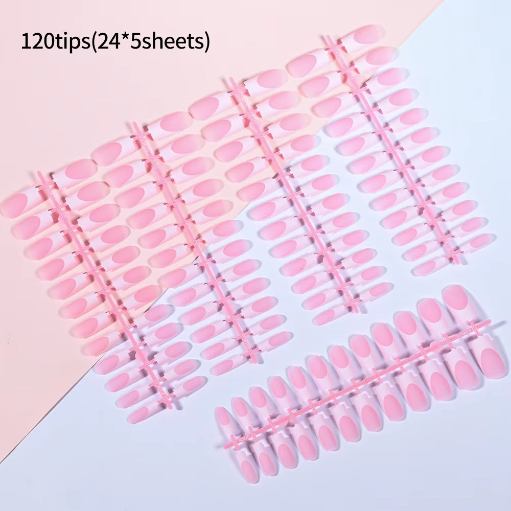 120pcs Pink French Tip Press-On Nails Medium Length Square Shape With Glossy Finish False Nails Full Cover Pre-Shaped Fake Nails