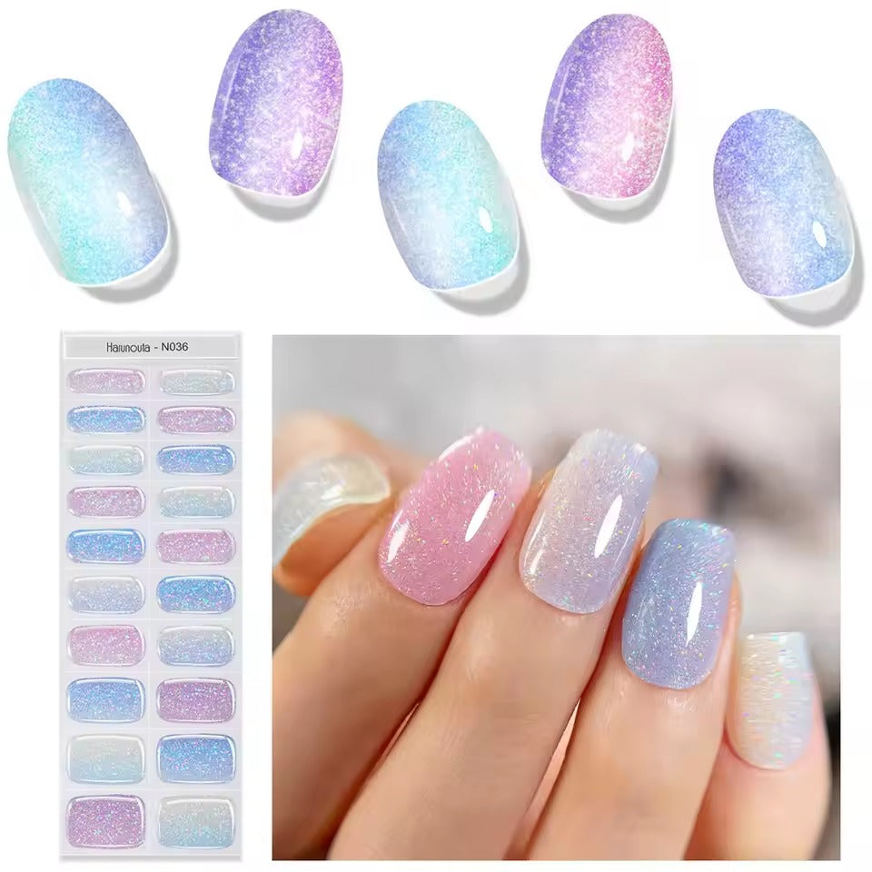 Harunouta Semi Cured Gel Nail Stickers Sparkly Shinning Gel UV Nail Sticker Long-Lasting Solid Nail Wrap Manicure Decoration DIY