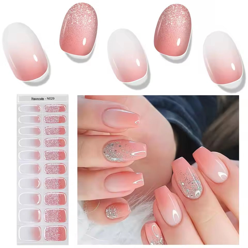 Harunouta Semi Cured Gel Nail Stickers Sparkly Shinning Gel UV Nail Sticker Long-Lasting Solid Nail Wrap Manicure Decoration DIY