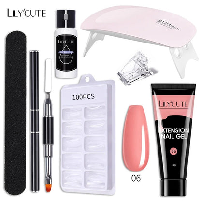 LILYCUTE Manicure Set 15ml Quick Extension Gel Nail Polish With 6W LED Lamp Dryer Slip Solution Nails Tool Kit For Finger Extend