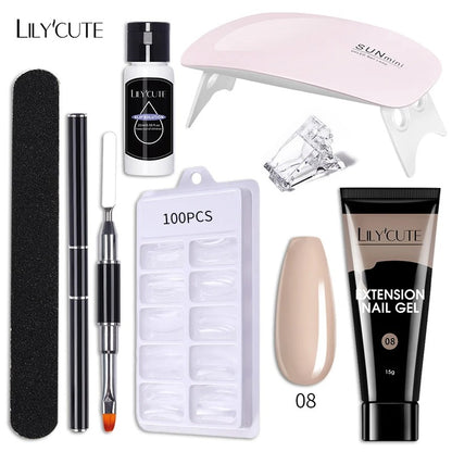 LILYCUTE Manicure Set 15ml Quick Extension Gel Nail Polish With 6W LED Lamp Dryer Slip Solution Nails Tool Kit For Finger Extend