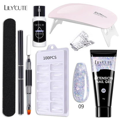 LILYCUTE Manicure Set 15ml Quick Extension Gel Nail Polish With 6W LED Lamp Dryer Slip Solution Nails Tool Kit For Finger Extend