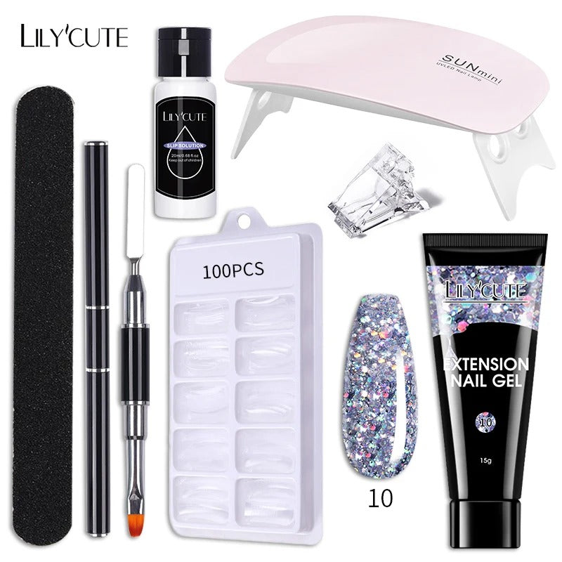 LILYCUTE Manicure Set 15ml Quick Extension Gel Nail Polish With 6W LED Lamp Dryer Slip Solution Nails Tool Kit For Finger Extend