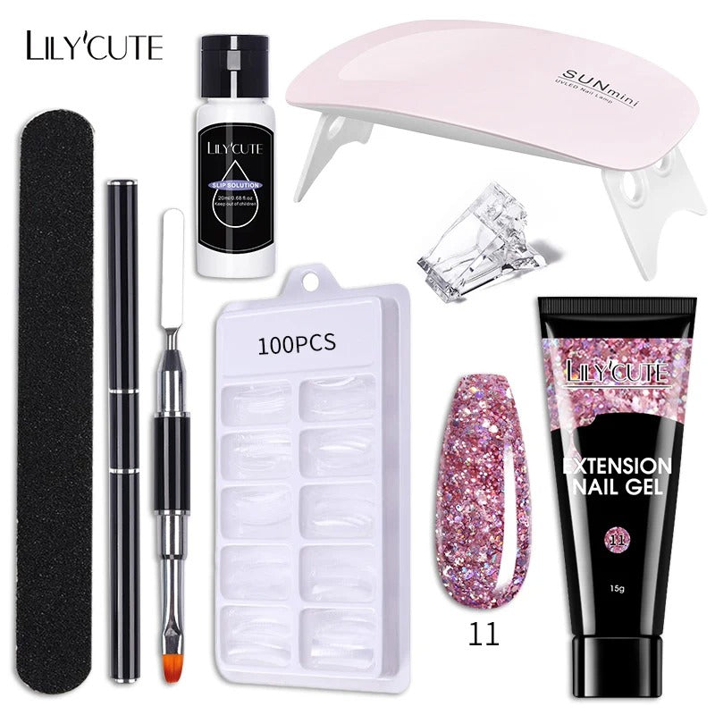 LILYCUTE Manicure Set 15ml Quick Extension Gel Nail Polish With 6W LED Lamp Dryer Slip Solution Nails Tool Kit For Finger Extend