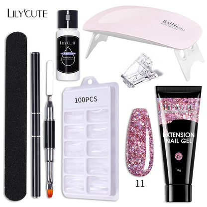 LILYCUTE Manicure Set 15ml Quick Extension Gel Nail Polish With 6W LED Lamp Dryer Slip Solution Nails Tool Kit For Finger Extend