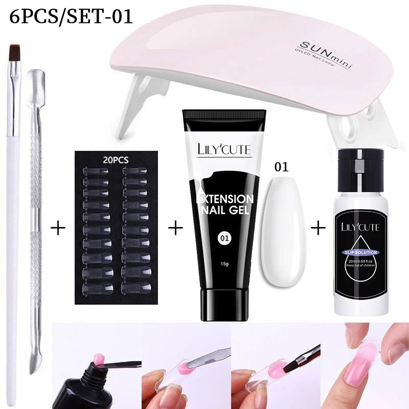 LILYCUTE Manicure Set 15ml Quick Extension Gel Nail Polish With 6W LED Lamp Dryer Slip Solution Nails Tool Kit For Finger Extend