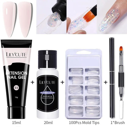 LILYCUTE 15ml Nail Extension Gel Set Glitter Clear Soak Off Gel For Quickly Nail Prolong Manicure For Newbie Nail Art Tool Kit