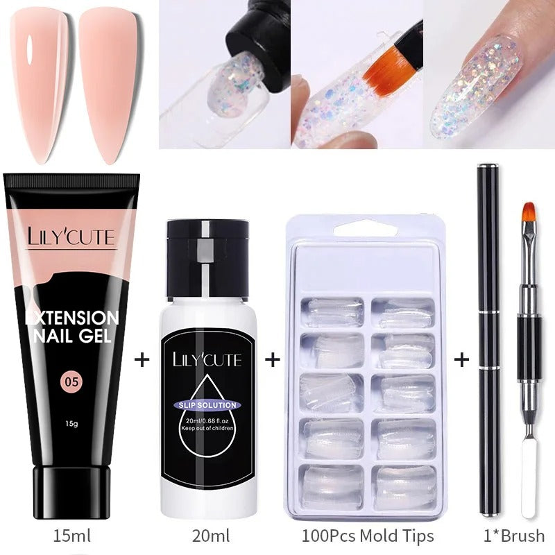 LILYCUTE 15ml Nail Extension Gel Set Glitter Clear Soak Off Gel For Quickly Nail Prolong Manicure For Newbie Nail Art Tool Kit