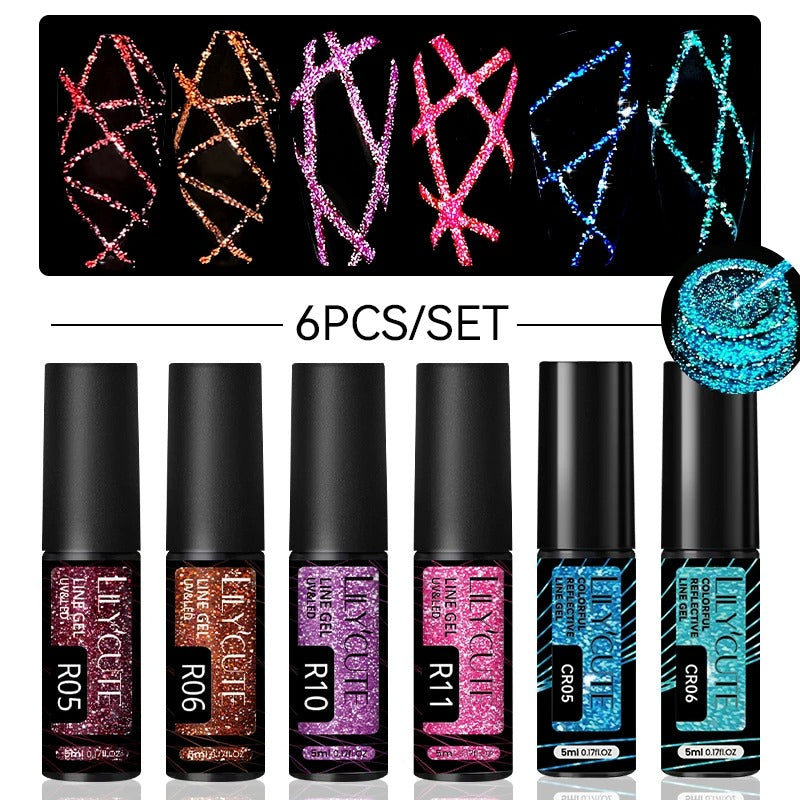 LILYCUTE 6Pcs Colorful Reflective Glitter Nail Art Liner Gel Nail Kit Sparkling Painting Gel Nail Polish Semi Permanent UV Gel