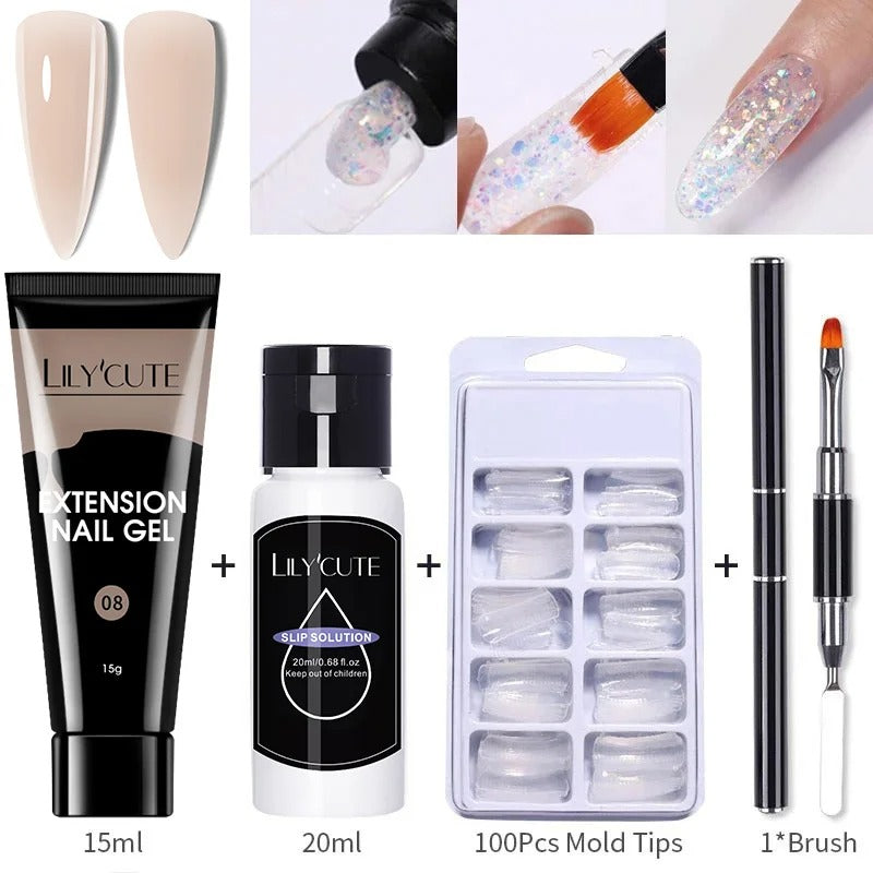 LILYCUTE 15ml Nail Extension Gel Set Glitter Clear Soak Off Gel For Quickly Nail Prolong Manicure For Newbie Nail Art Tool Kit