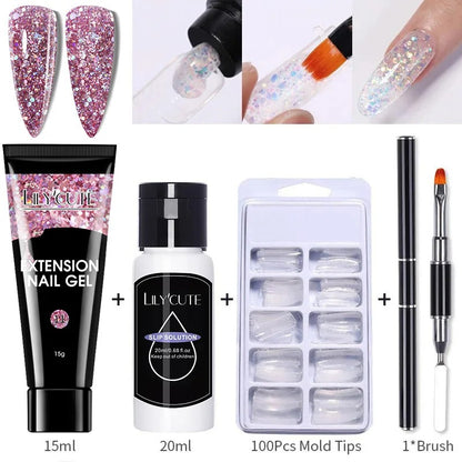 LILYCUTE 15ml Nail Extension Gel Set Glitter Clear Soak Off Gel For Quickly Nail Prolong Manicure For Newbie Nail Art Tool Kit