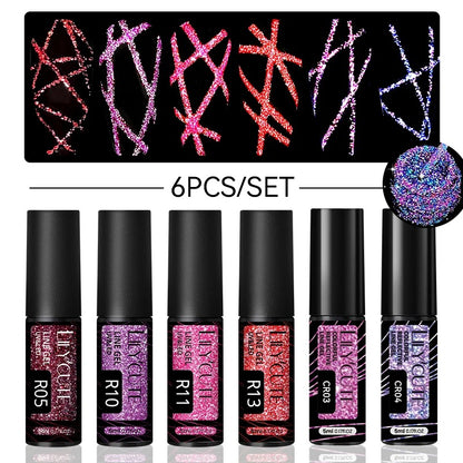 LILYCUTE 6Pcs Colorful Reflective Glitter Nail Art Liner Gel Nail Kit Sparkling Painting Gel Nail Polish Semi Permanent UV Gel