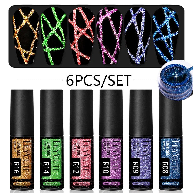 LILYCUTE 6Pcs Colorful Reflective Glitter Nail Art Liner Gel Nail Kit Sparkling Painting Gel Nail Polish Semi Permanent UV Gel