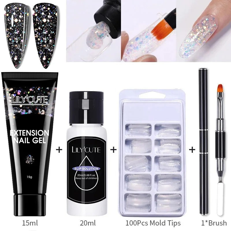 LILYCUTE 15ml Nail Extension Gel Set Glitter Clear Soak Off Gel For Quickly Nail Prolong Manicure For Newbie Nail Art Tool Kit