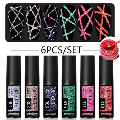 LILYCUTE 6Pcs Colorful Reflective Glitter Nail Art Liner Gel Nail Kit Sparkling Painting Gel Nail Polish Semi Permanent UV Gel