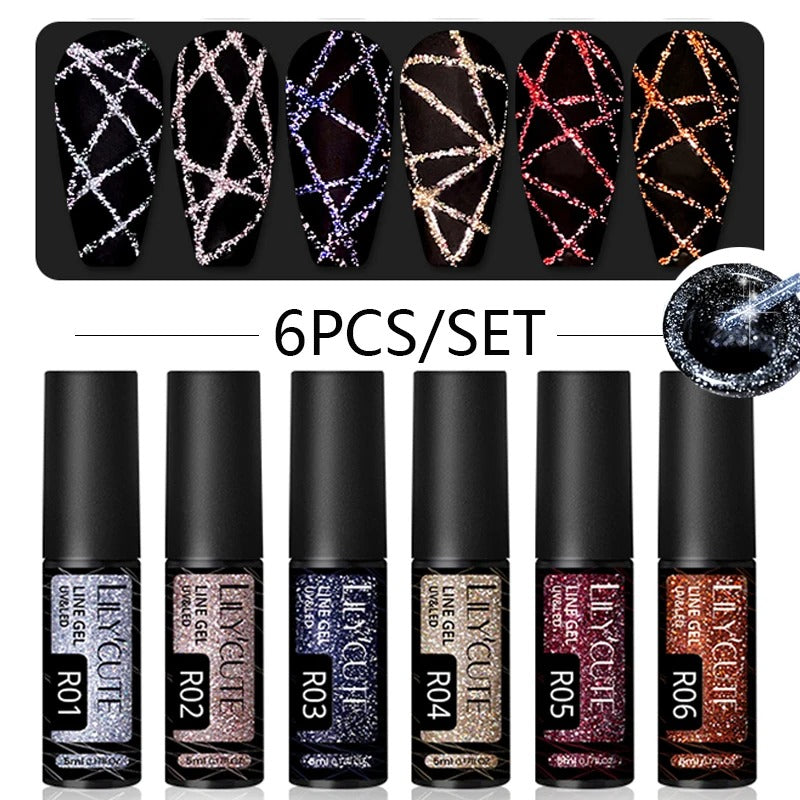 LILYCUTE 6Pcs Colorful Reflective Glitter Nail Art Liner Gel Nail Kit Sparkling Painting Gel Nail Polish Semi Permanent UV Gel