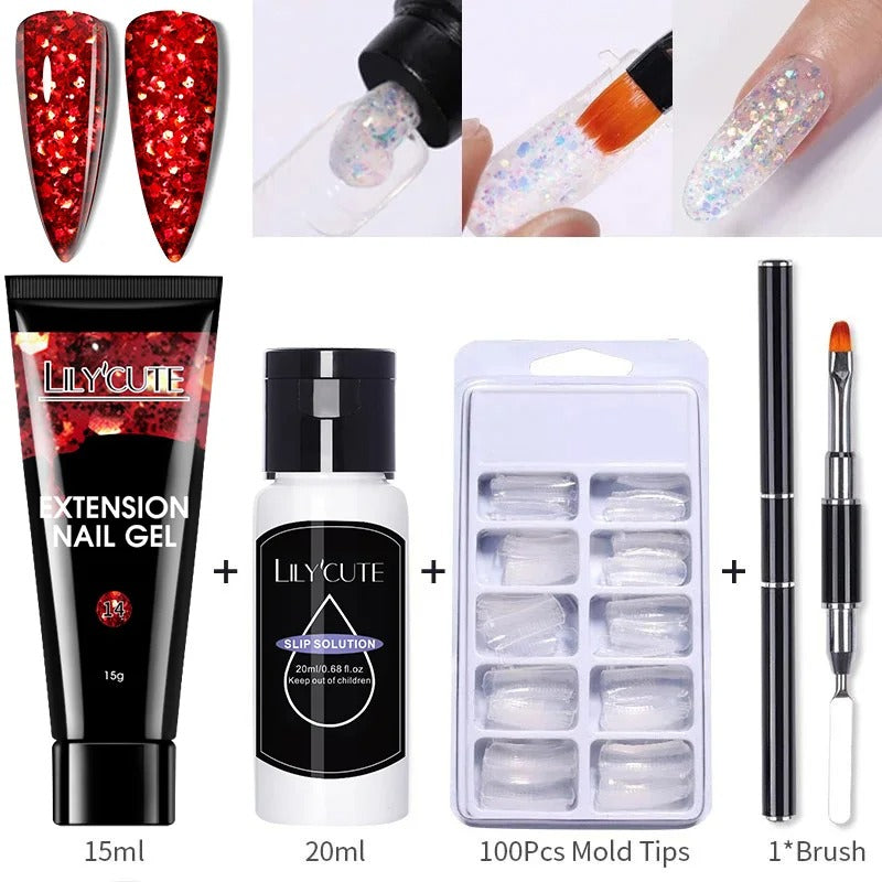 LILYCUTE 15ml Nail Extension Gel Set Glitter Clear Soak Off Gel For Quickly Nail Prolong Manicure For Newbie Nail Art Tool Kit