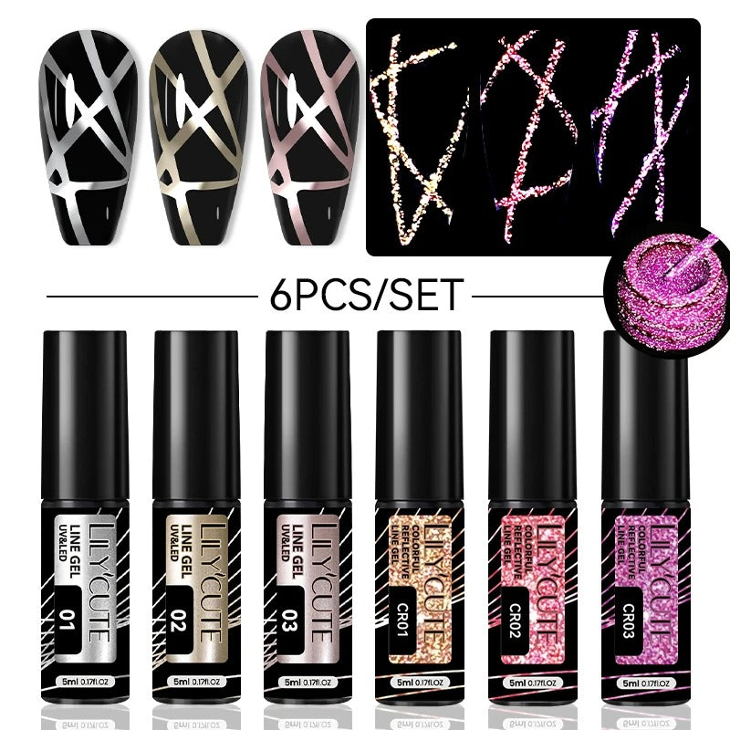 LILYCUTE 6Pcs Colorful Reflective Glitter Nail Art Liner Gel Nail Kit Sparkling Painting Gel Nail Polish Semi Permanent UV Gel