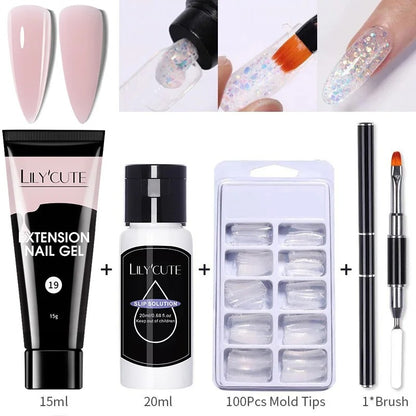 LILYCUTE 15ml Nail Extension Gel Set Glitter Clear Soak Off Gel For Quickly Nail Prolong Manicure For Newbie Nail Art Tool Kit