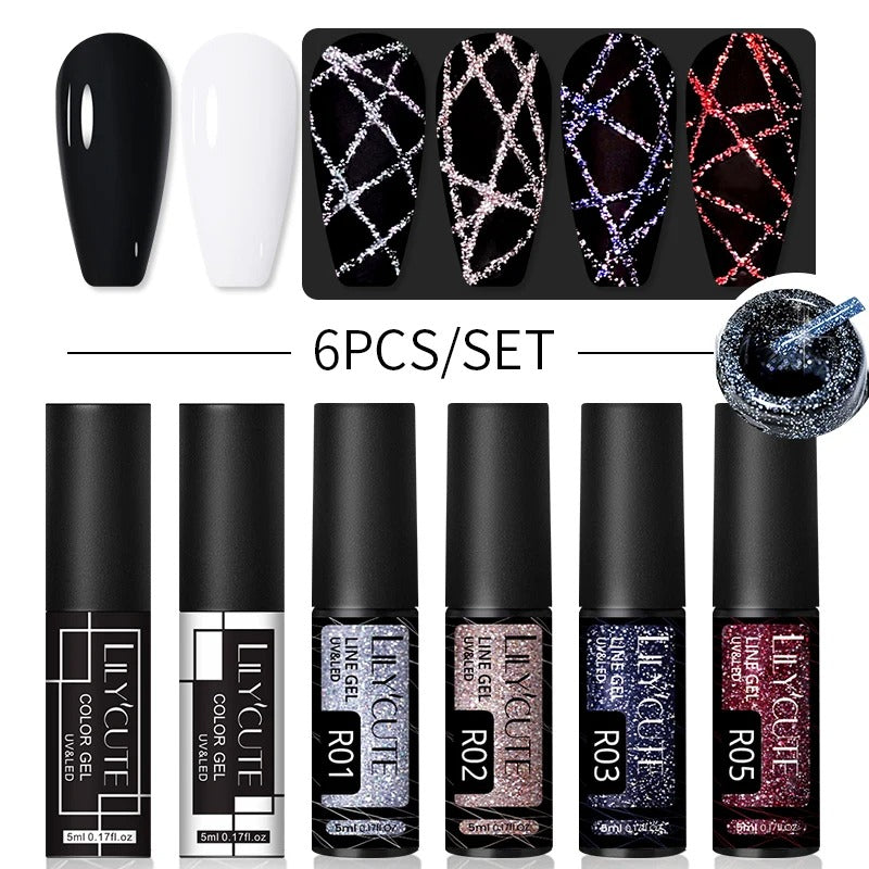 LILYCUTE 6Pcs Colorful Reflective Glitter Nail Art Liner Gel Nail Kit Sparkling Painting Gel Nail Polish Semi Permanent UV Gel