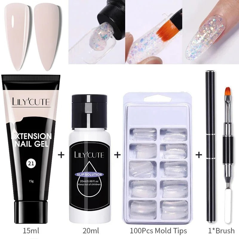 LILYCUTE 15ml Nail Extension Gel Set Glitter Clear Soak Off Gel For Quickly Nail Prolong Manicure For Newbie Nail Art Tool Kit