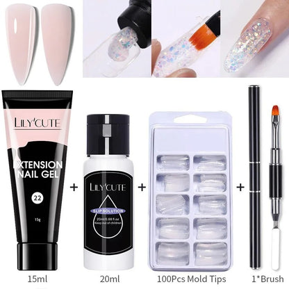 LILYCUTE 15ml Nail Extension Gel Set Glitter Clear Soak Off Gel For Quickly Nail Prolong Manicure For Newbie Nail Art Tool Kit