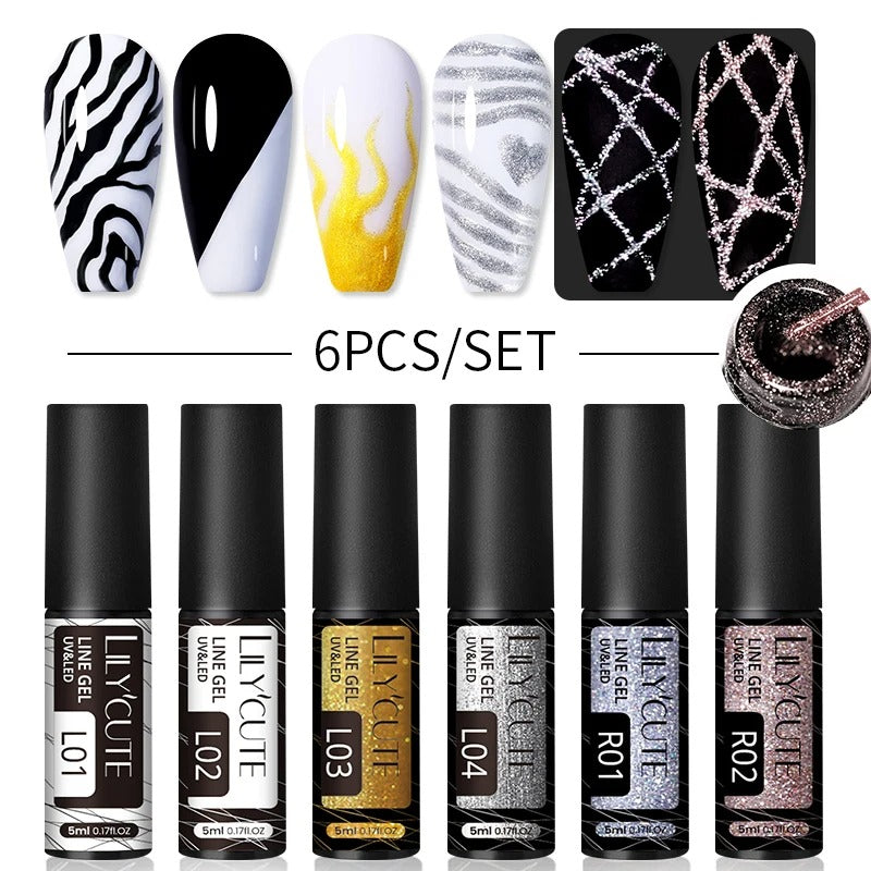 LILYCUTE 6Pcs Colorful Reflective Glitter Nail Art Liner Gel Nail Kit Sparkling Painting Gel Nail Polish Semi Permanent UV Gel