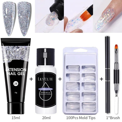 LILYCUTE 15ml Nail Extension Gel Set Glitter Clear Soak Off Gel For Quickly Nail Prolong Manicure For Newbie Nail Art Tool Kit