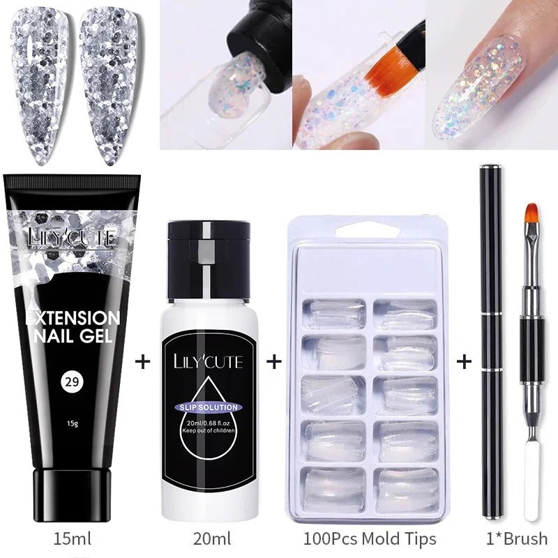 LILYCUTE 15ml Nail Extension Gel Set Glitter Clear Soak Off Gel For Quickly Nail Prolong Manicure For Newbie Nail Art Tool Kit