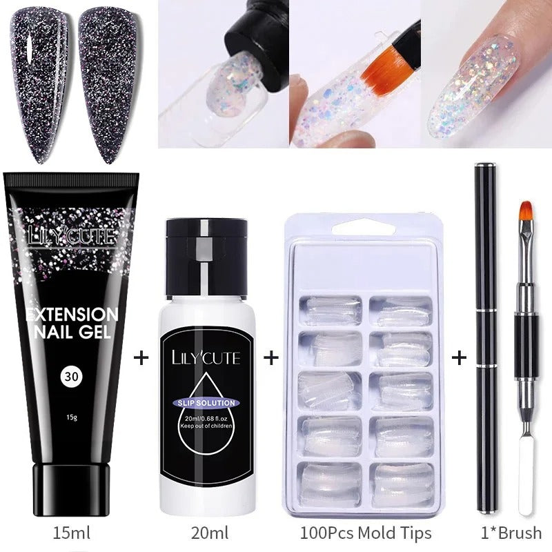 LILYCUTE 15ml Nail Extension Gel Set Glitter Clear Soak Off Gel For Quickly Nail Prolong Manicure For Newbie Nail Art Tool Kit