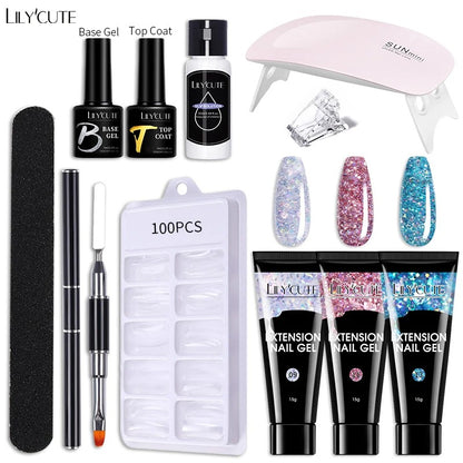 LILYCUTE Manicure Set 15ml Quick Extension Gel Nail Polish With 6W LED Lamp Dryer Slip Solution Nails Tool Kit For Finger Extend