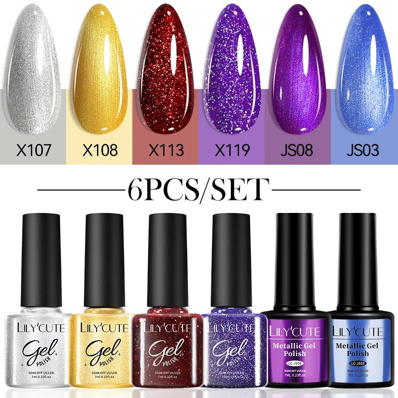 LILYCUTE 6Pcs Colorful Reflective Glitter Nail Art Liner Gel Nail Kit Sparkling Painting Gel Nail Polish Semi Permanent UV Gel