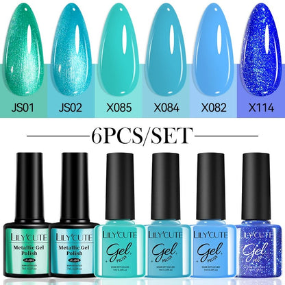 LILYCUTE 6Pcs Colorful Reflective Glitter Nail Art Liner Gel Nail Kit Sparkling Painting Gel Nail Polish Semi Permanent UV Gel